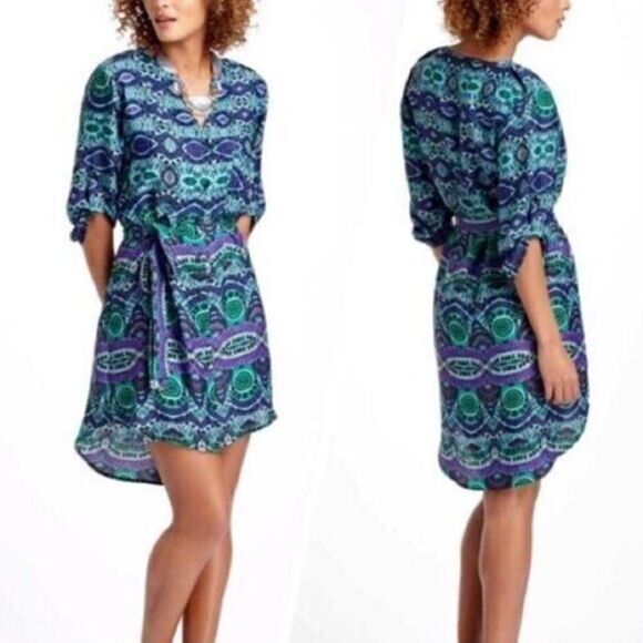 Anthropologie Maeve Frequencies Ikat Shirt Dress Size Small Roll Tab 3/4 Sleeve - Picture 1 of 6